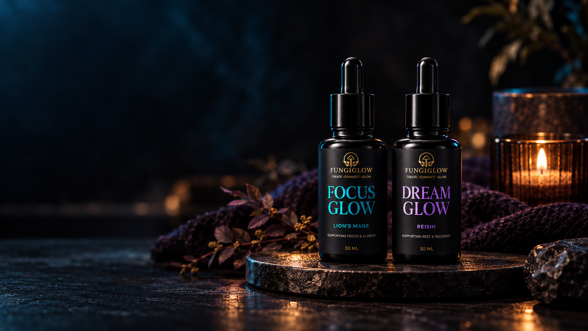 FungiGlow mushroom tinctures in woodland
